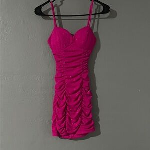 Honey and Rosie Fuchsia Sparkle Ruched Mini Dress